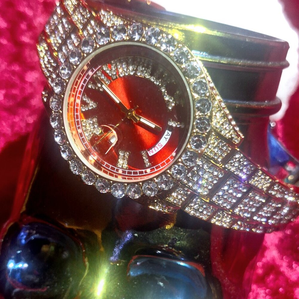New Simulated diamond watch with red face - Gold overlay